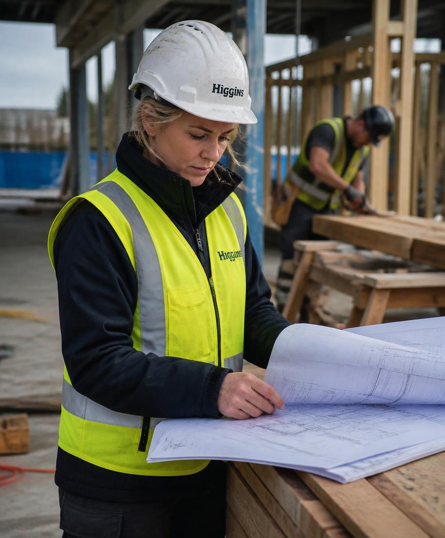 Site engineer checking drawings while a carpenter works behind her