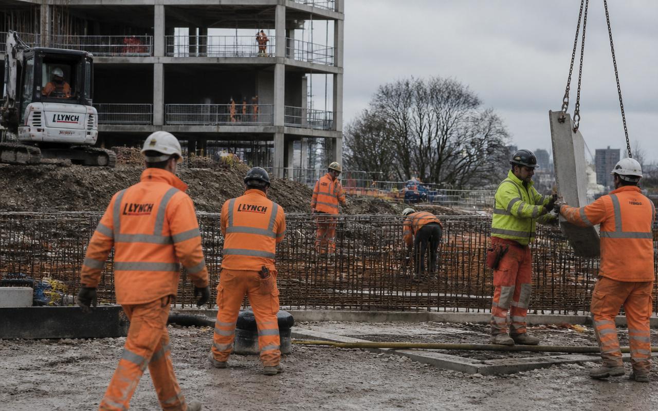 Crew working on groundworks in front of a concrete frame
